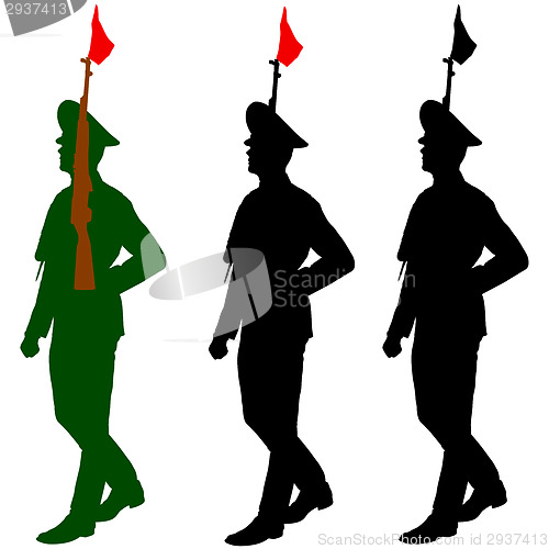 Image of Silhouette soldiers during a military parade. Vector illustratio