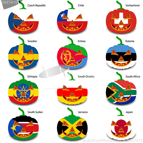 Image of Set pumpkins for Halloween as a flags of the world. Vector illus