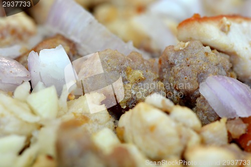 Image of fresh ripe roasted beef meat with onion