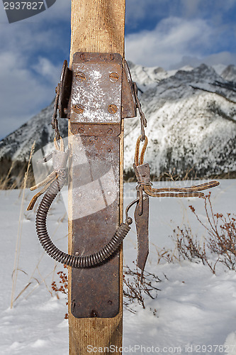 Image of vintage ski bindings closeup