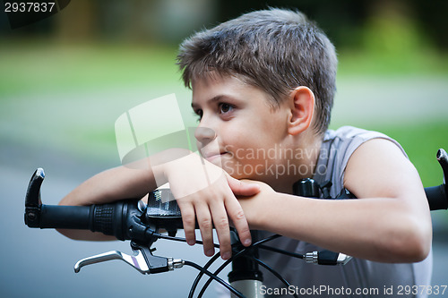 Image of Portrait of little boy on a bicycle outdoors