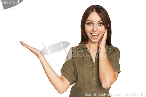 Image of Surprised young woman showing open hand palm