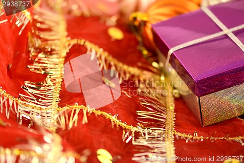 Image of gift box on christmas background