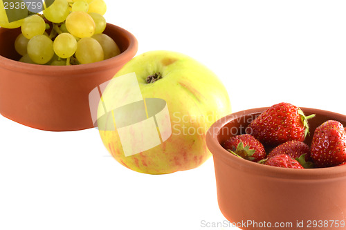 Image of fresh fruits. strawberry, apple, grape. isolated on white