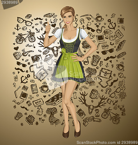 Image of Vector Cute Woman In Drindl On Oktoberfest