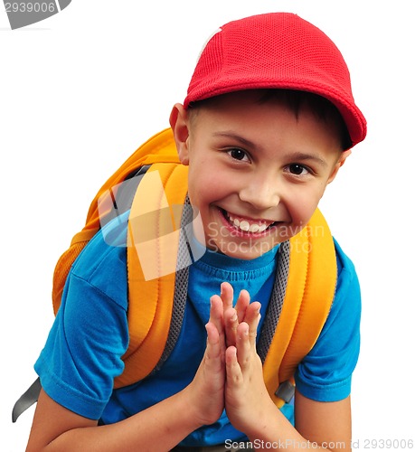 Image of happy smiling boy with backpack isolated over white