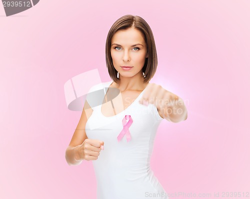 Image of woman with pink cancer awareness ribbon
