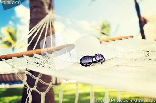 Image of picture of hammock with white hat and sunglasses