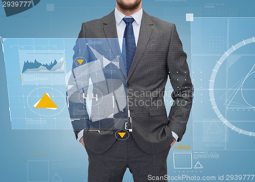 Image of close up of businessman over blue background