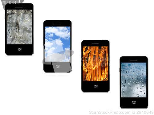 Image of mobile phones with different elements on the white