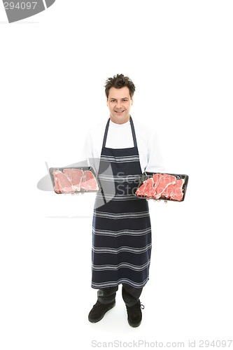 Image of Butcher with trays of meat