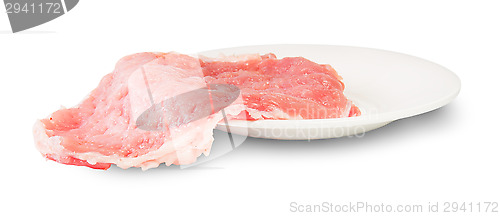 Image of Raw Pork Schnitze On A White Platel Rotated