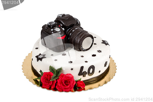 Image of birthday cake for forty anniversary with modern DSLR photo camera