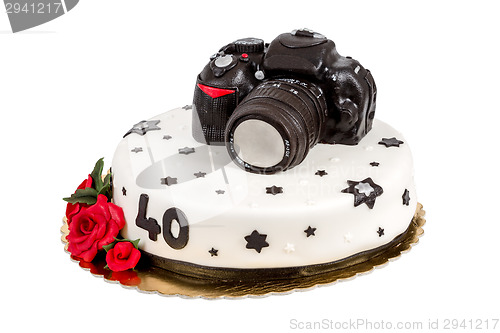 Image of birthday cake for forty anniversary with modern DSLR photo camera