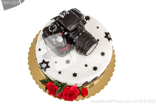Image of birthday cake for forty anniversary with modern DSLR photo camera