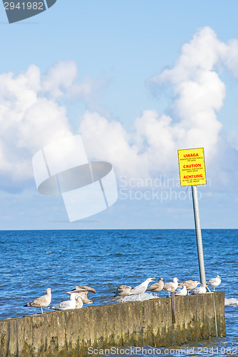 Image of Groin in the Baltic Sea with danger sign