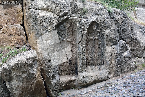 Image of Traditional armenian carved crosses (hachkars) in the wall