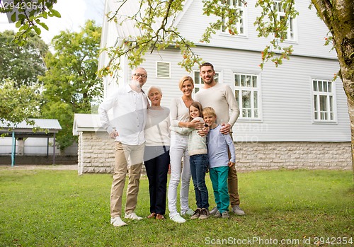 Image of happy family in front of house outdoors