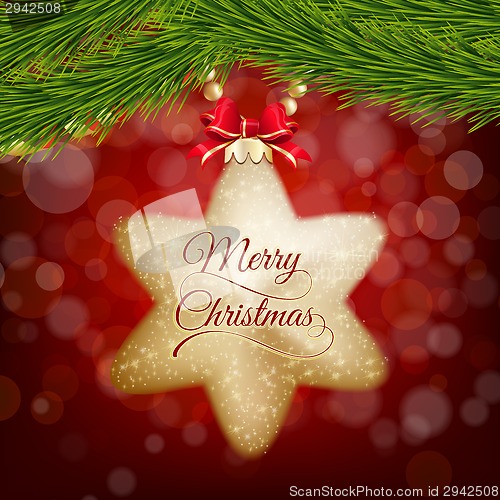 Image of Christmas postcard with gold star on red bokeh.