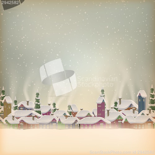 Image of Merry Christmas retro postcard village. EPS 10