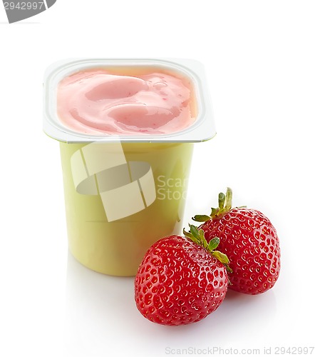 Image of fresh pink strawberry yogurt in plastic pot