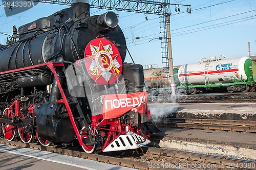 Image of Vintage steam locomotive at the station of Orenburg