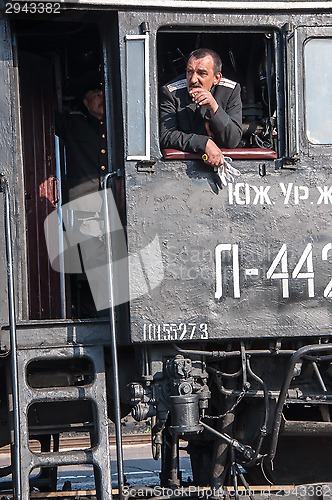 Image of Vintage steam locomotive at the station of Orenburg