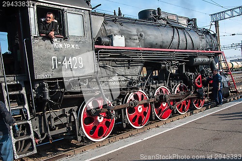 Image of Vintage steam locomotive at the station of Orenburg
