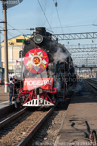 Image of Vintage steam locomotive at the station of Orenburg