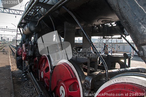 Image of Vintage steam locomotive at the station of Orenburg