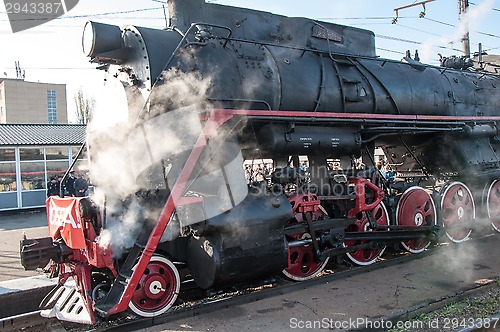 Image of Vintage steam locomotive at the station of Orenburg