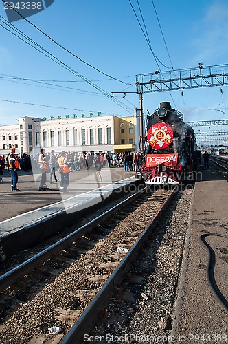 Image of Vintage steam locomotive at the station of Orenburg