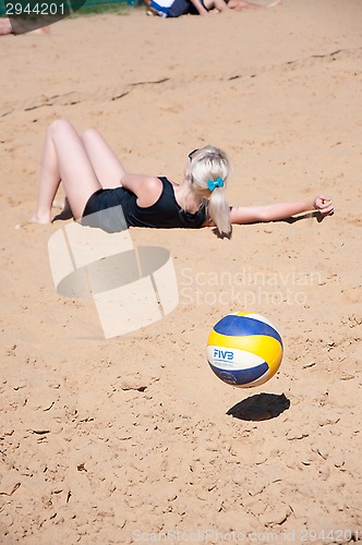 Image of Beach volleyball play girls,