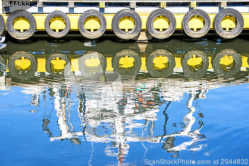 Image of reflection of a boat in a port