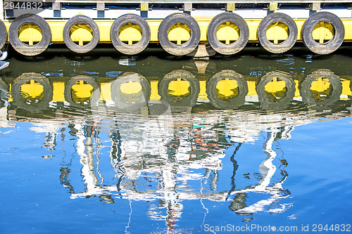 Image of reflection of a boat in a port