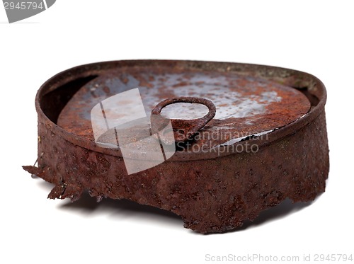 Image of Old rusty tin can on white background