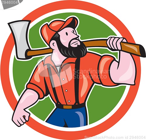 Image of LumberJack Holding Axe Circle Cartoon