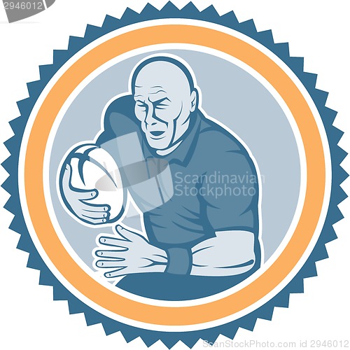 Image of Rugby Player Running Ball Rosette Cartoon