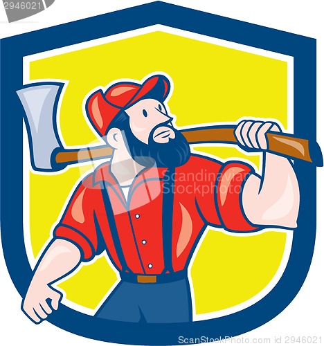 Image of LumberJack Holding Axe Shield Cartoon