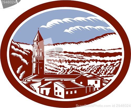 Image of Church Belfry Tower Tuscany Italy Woodcut