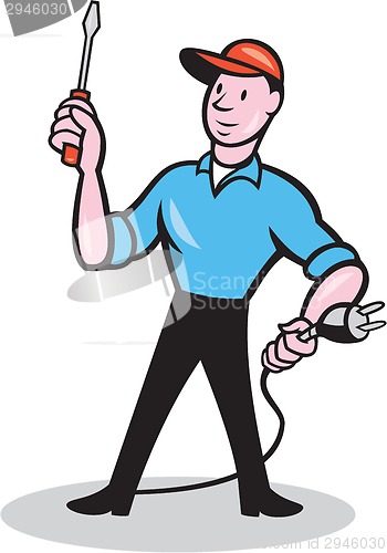 Image of Electrician Holding Screwdriver Plug Cartoon