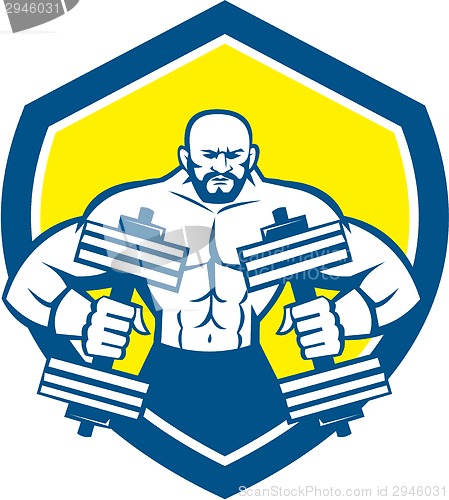 Image of Bodybuilder Lifting Dumbbell Shield Retro