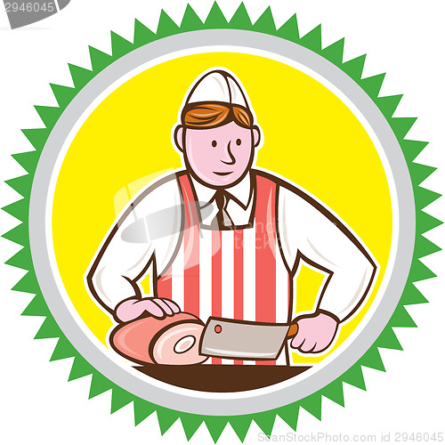 Image of Butcher Chopping Ham Rosette Cartoon