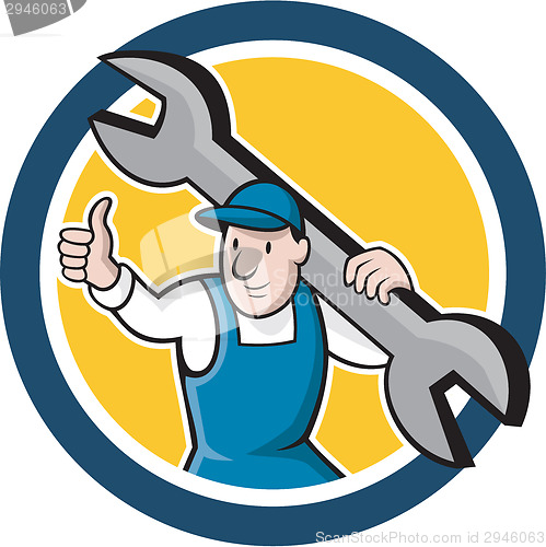 Image of Mechanic Thumbs Up Spanner Circle Cartoon