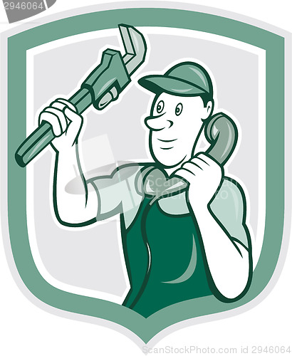 Image of Plumber Monkey Wrench Telephone Shield Cartoon