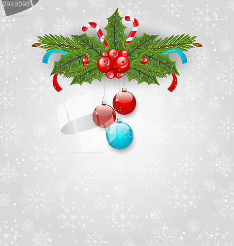 Image of Christmas background with balls, holly berry, pine and sweet can