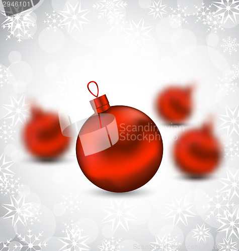 Image of Christmas background with red glass balls and snowflakes 