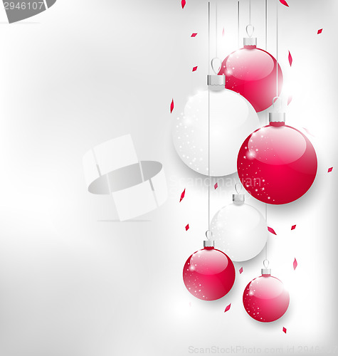 Image of Christmas card with colorful glass balls and tinsel