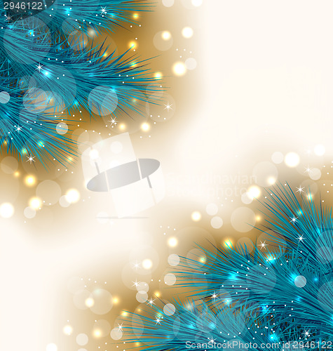 Image of Christmas light background with realistic fir twigs