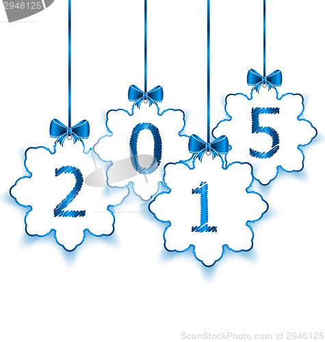 Image of Happy new year in hanging paper snowflakes with bows
